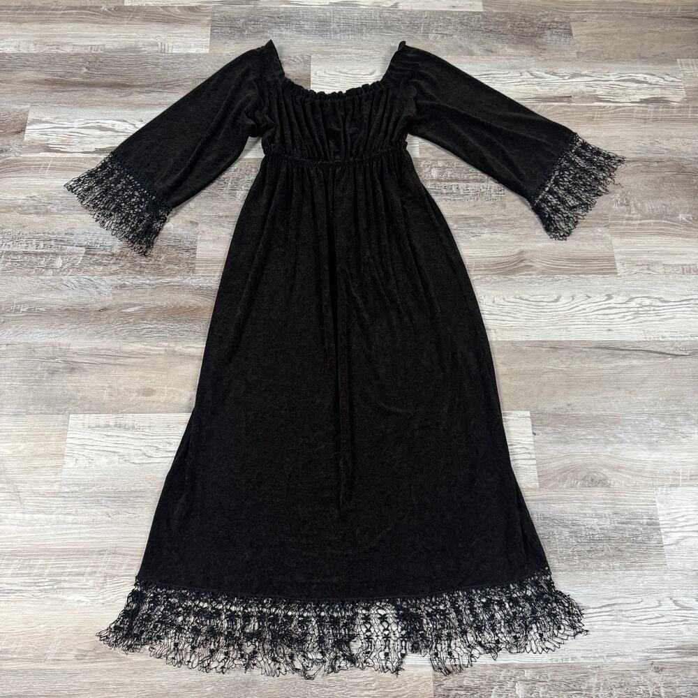 Vintage 90s Black Knit Maxi Dress Off Shoulder Lace Whimsigoth Goth Witchy Fall